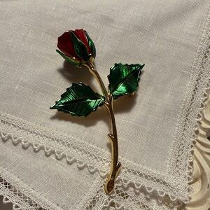 Chic Red and Green Rose Brooch